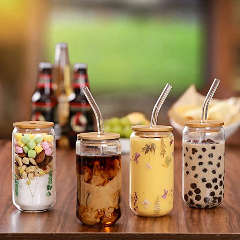 

Glass Cup With Bamboo Lid and Straw Bubble Tea Cup Glasses Cups Transparent Beer Can Coffee Cup Cold Wine Cola 320ml-480ml 4/6pc