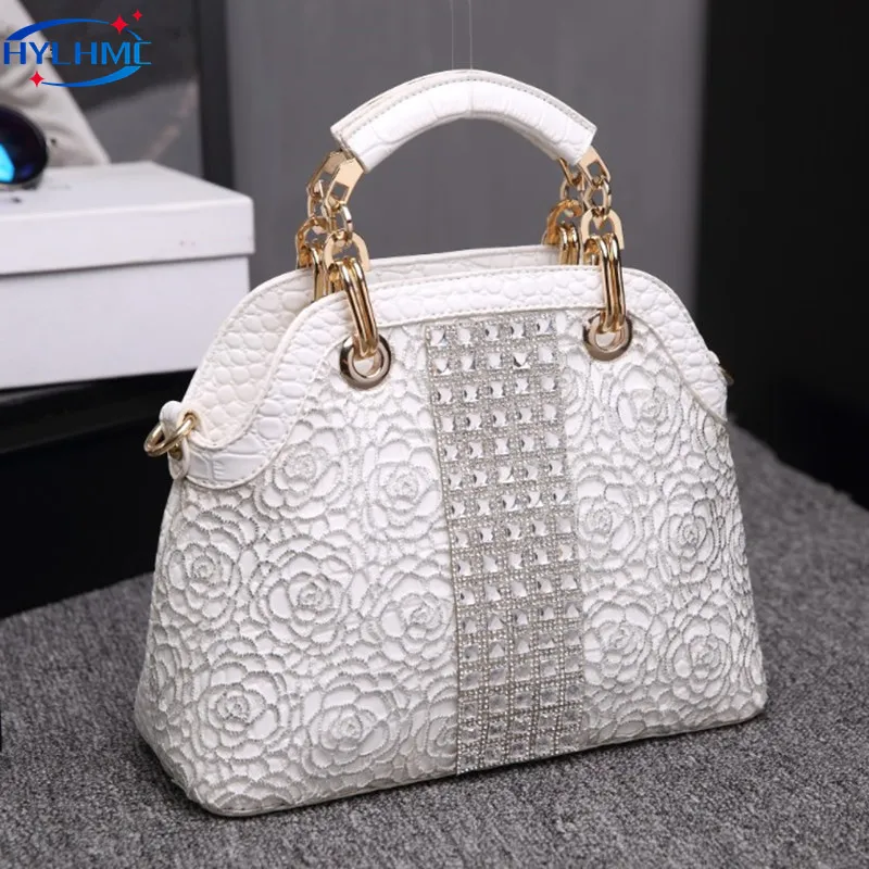

Luxury Fashion Dismonds Women Handbags Crocodile Leather Female Shoulder Slung Shell Bag Ladies White Rhinestone Messenger Bags