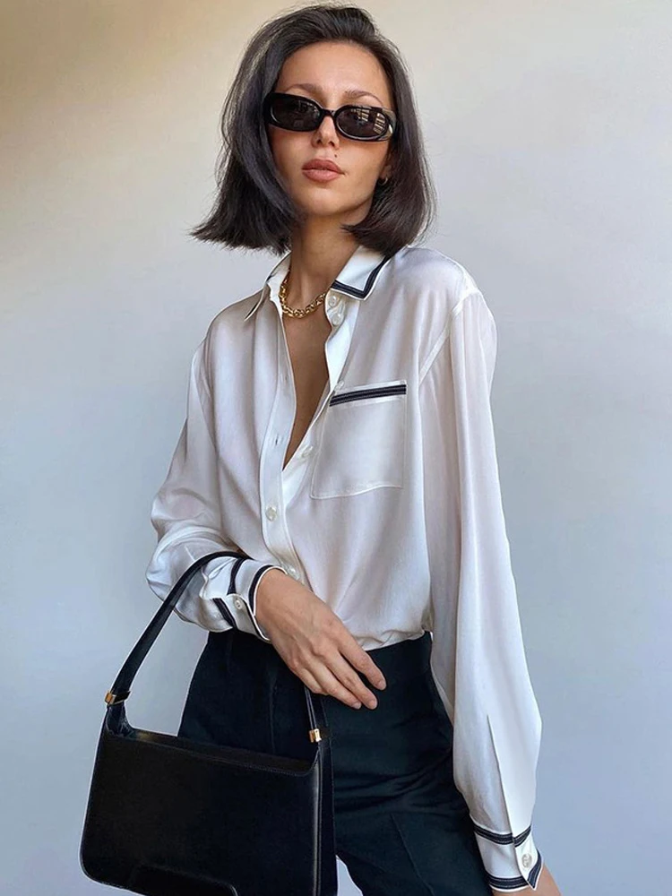 

2022 Summer Women's Shirts Long Sleeve Fashion Buttoned Satin Silk Shirts Splicing Contrast Color Chiffon Shirts Casual Office