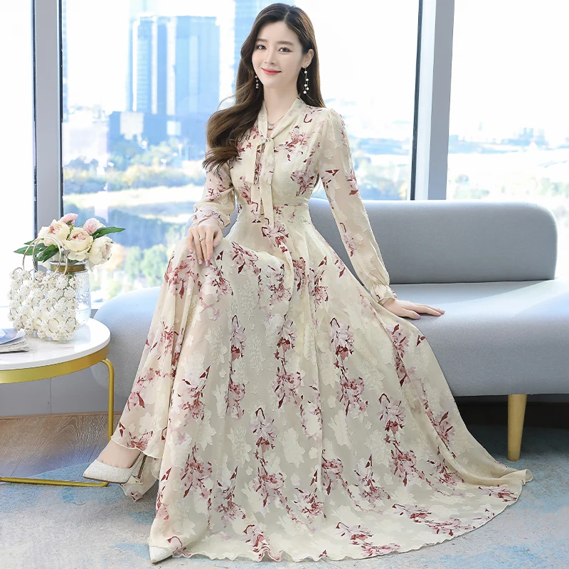 2023 Spring Summer Bow Collar Jacquard Maxi Dress for Woman Fashion Chiffon Long Sleeve Boho Loose Dress Elegant Party Vestidos
2023 Spring Summer Bow Collar Jacquard Maxi Dress for Woman Fashion Chiffon Long Sleeve Boho Loose Dress Elegant Party Vestidos