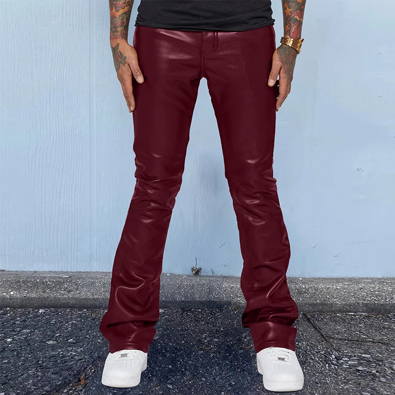 

Streewtear Men Slim PU Trousers 2023 Fashion Summer Solid Leather Pants 2yk Clothes Mens Casual Mid Waist Folds Long Pants 2023