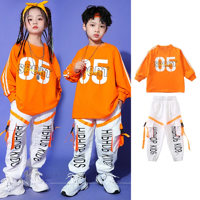 

Танцевальный костюм в стиле хип-хоп, оранжевый топ, белые брюки-карго, детский костюм для выступлений и уличных танцев, одежда для джазовых танцев для девочек, VDB6426