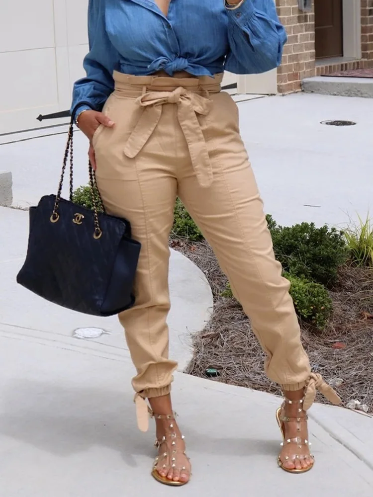 Solid Pocket Design Belted High Waist Pants Women Stretchy Casual Pencil Pants 
Solid Pocket Design Belted High Waist Pants Women Stretchy Casual Pencil Pants