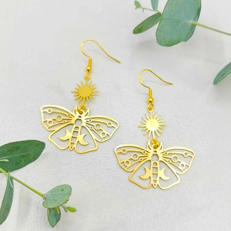 

Fashion Golden Sun and Moon, Moth Butterfly Earrings, Witch Witchcraft Wandering Jewelry, Boho Style, Gifts for Women