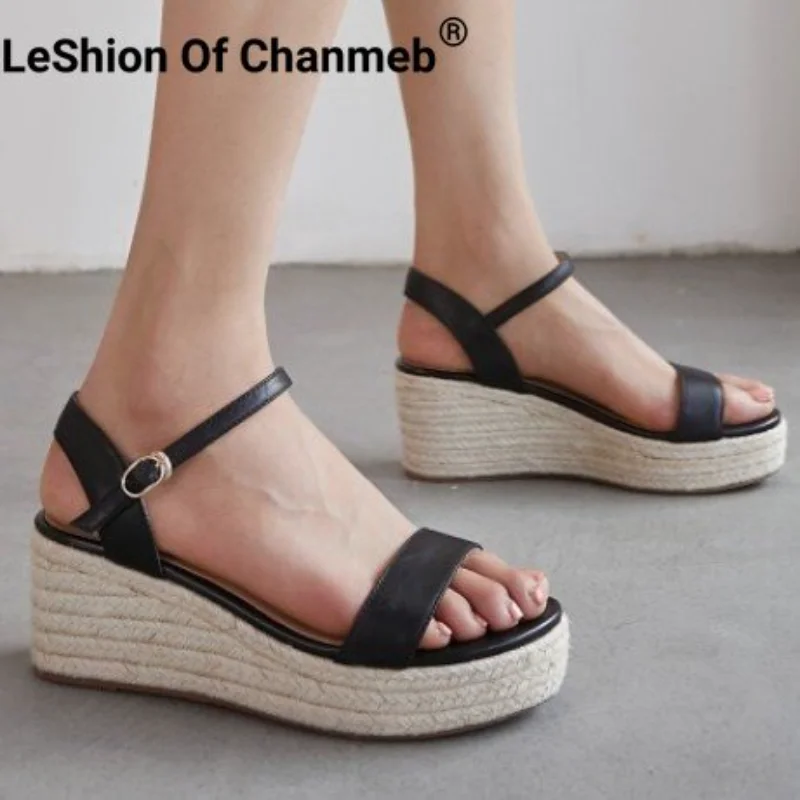 

Leshion Of Chanmeb Women Sheep Leather Wedges Heel Sandals Thick Platform High-heeled Summer Espadrilles Shoes Woman Sandal 2023