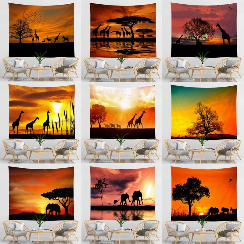 

Hanging Wall Cloth Sunset Giraffe Window Tapestry Scenery Background Room Bedroom Bedside Decoration Tapestries
