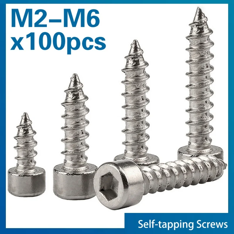 

100pcs/lot Hex Hexagon Socket Cap Head Self Tapping Screw Grade 8.8 Nickel Plated Carbon Steel Allen Head M2 M2. 6 M3 M4 M5 M6