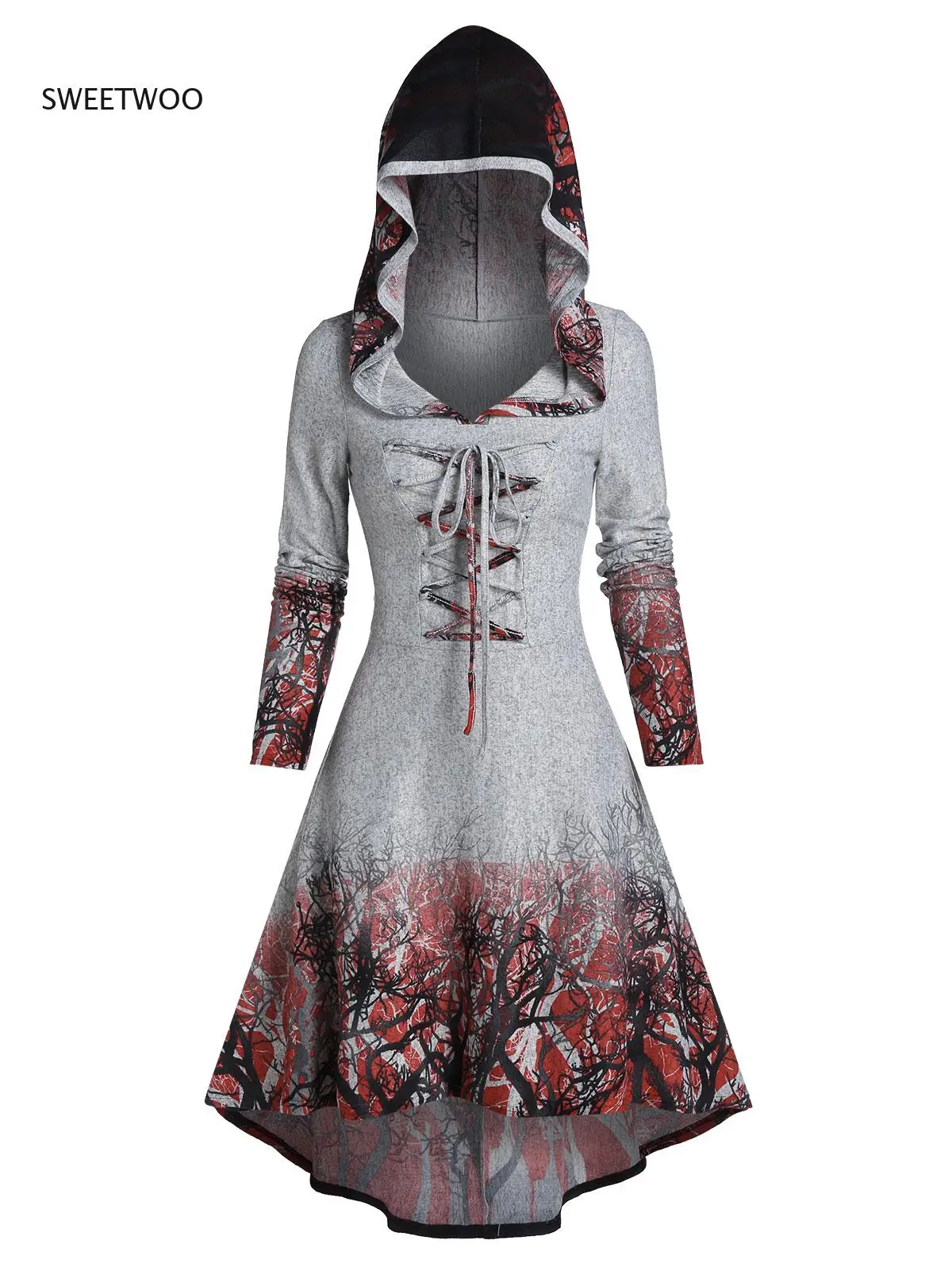 Gothic Women Dress Tree Root Print Hooded Lace-Up High Low Flare Dress Long Sleeve Casual Mid-Calf Party Dress Autumn Vestidos
Gothic Women Dress Tree Root Print Hooded Lace-Up High Low Flare Dress Long Sleeve Casual Mid-Calf Party Dress Autumn Vestidos
