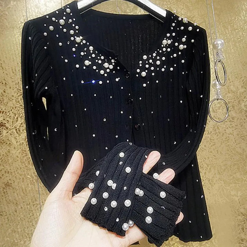 

Shiny Hot Drilling Beading Knitting Cardigan Women Spring Autumn Heavy Industry Pearl Rhinestone Outwear