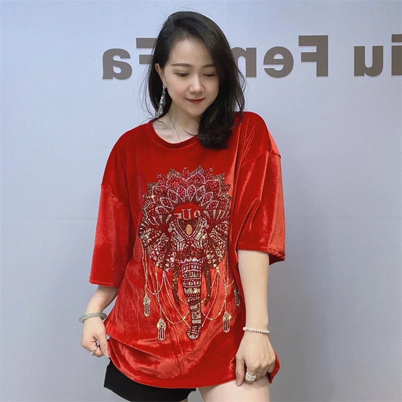 Блестящие Женские вельветовые футболки больших размеров, пуловеры с коротким рукавом и блестками, Повседневная Свободная футболка с блестками, Топ 
Блестящие Женские вельветовые футболки больших размеров, пуловеры с коротким рукавом и блестками, Повседневная Свободная футболка с блестками, Топ