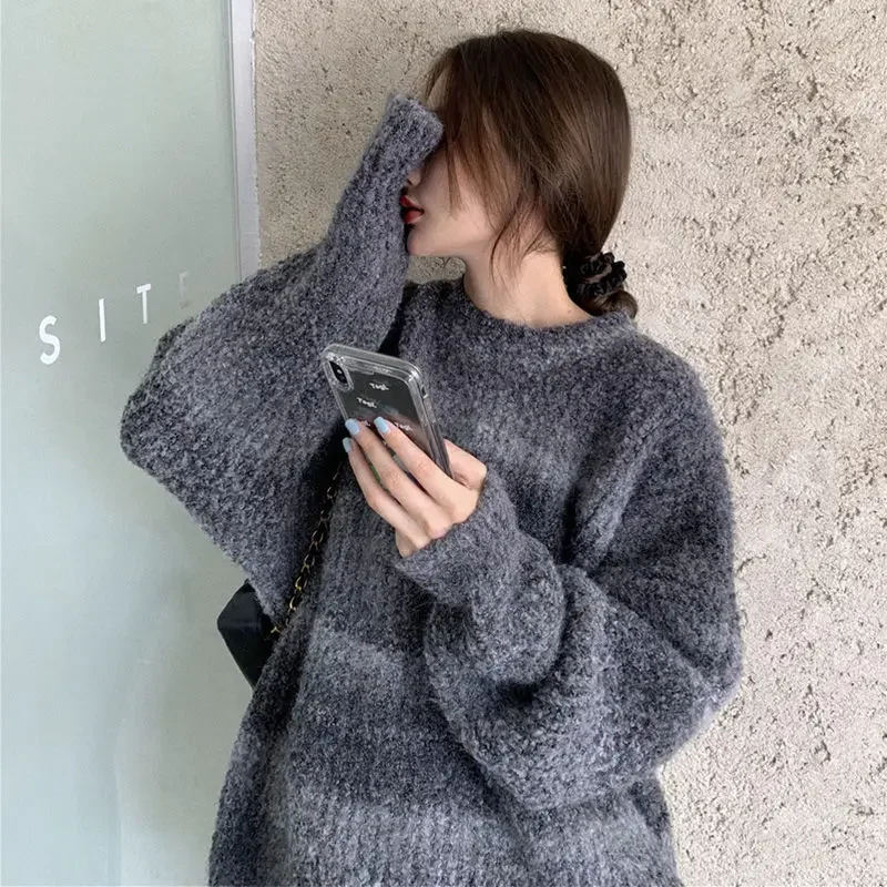 

Толстый свитер в японском стиле ретро, Свободная Женская верхняя одежда для ленивых, новый зимний женский вязаный свитер с градиентными цветами и завязками