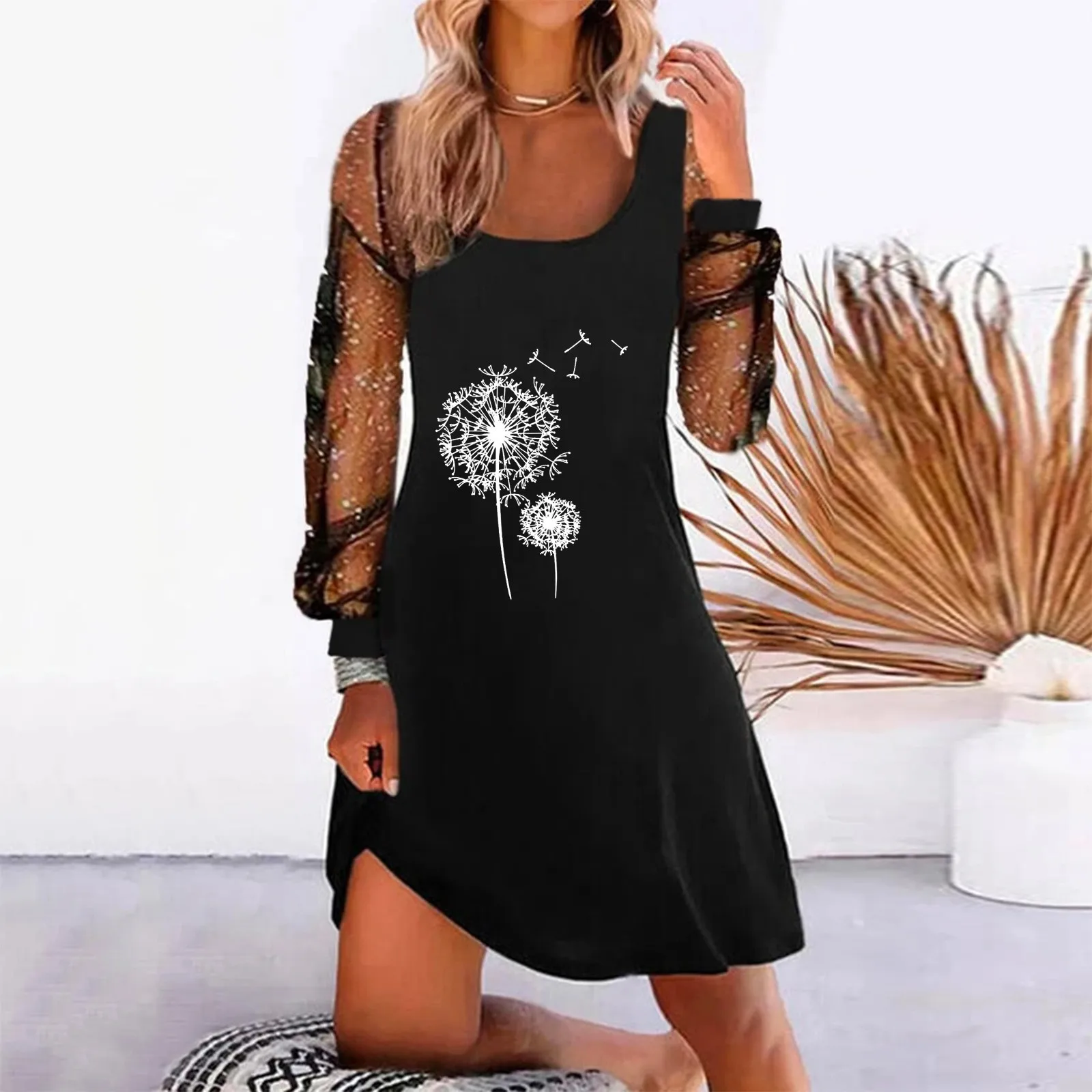 

Women Elegant Mesh Long Sleeve Dress 2022 Summer Dress Round Neck Black Whtie Dandelion Printed Ladies Loose Casual Dresses