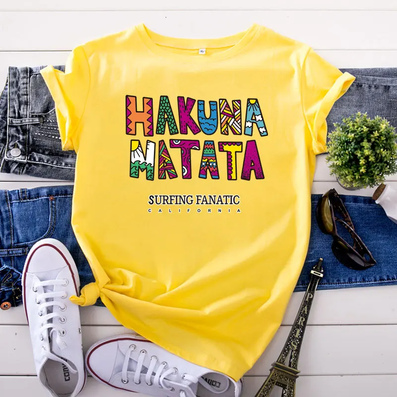 Funny Summer T shirt with Letter Print For Female Hakuna Matata Soft T-shirt Womens Basic Tops Ladies Daily Tees Shirts
Funny Summer T shirt with Letter Print For Female Hakuna Matata Soft T-shirt Womens Basic Tops Ladies Daily Tees Shirts