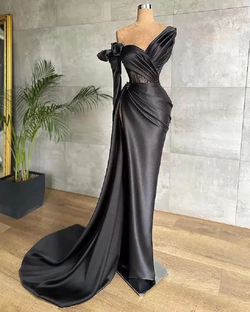 

Luxury Black Floral Off Shoulder Pageant Party Dress Formal Evening Dresses Long Ruched Sexy Mermaid Prom Dress Robes De Soiree