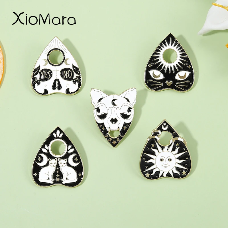 

Witch Ouija Enamel Pins Custom Witchcat Sun Moon Skull Brooches Lapel Badges Black Punk Gothic Jewelry Gift for Kids Friends