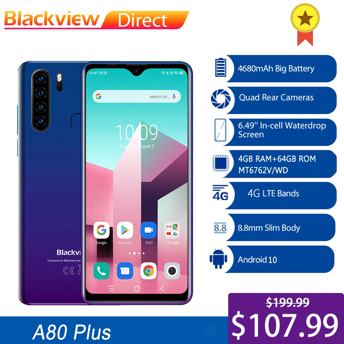 

Blackview A80 Plus Mobile Phone Octa Core 4GB RAM+64GB ROM 13MP Quad Rear Camera 6.49 Inch Waterdrop Smartphone 4G Cellphone