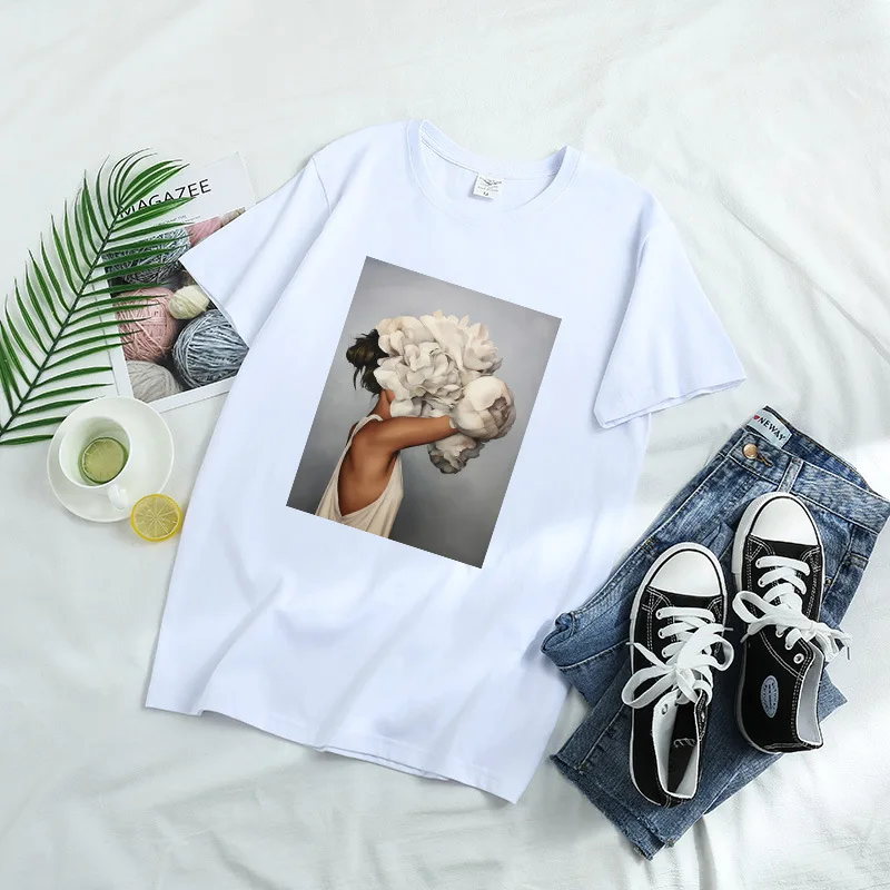 

2020 Fashion Cotton Women T-Shirts Casual Aesthetics Flowers Feather Printed Short Sleeve Summer Tees Camisetas Mujer W9231