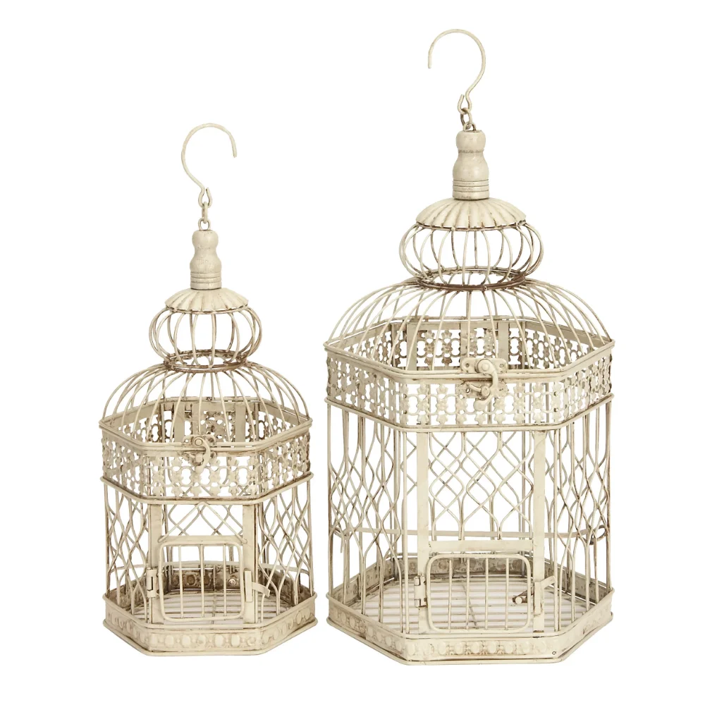 

DecMode Cream Vintage Metal Birdcage with Crisscross Vertical Bars and Floral Embossed Design, Set of 2 21", 18"H