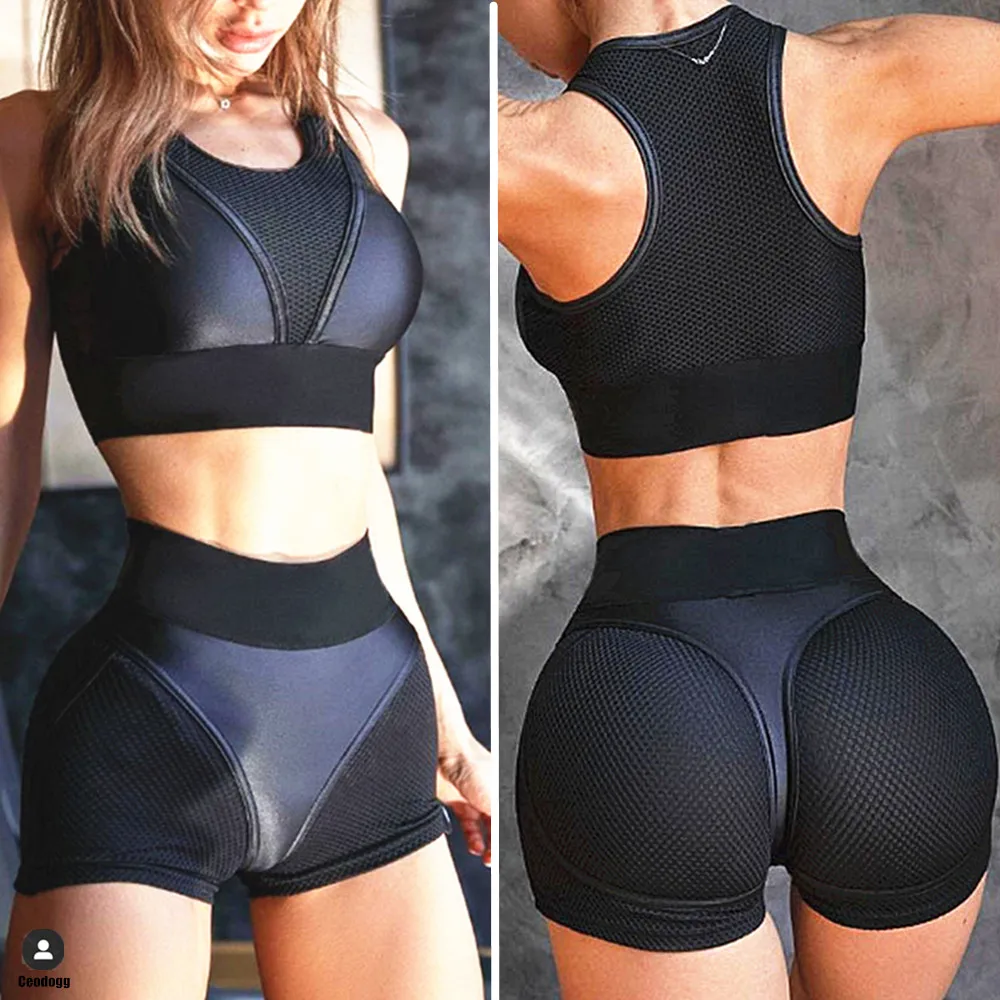 

2022 Pad Fake Leather Women Sportwear Mesh Yoga Set Thong High Waist Shorts Gym Fitness Clothing Tracksuit Active Suits