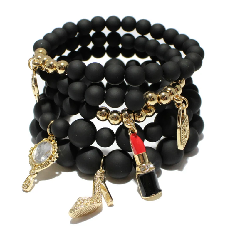 

5PCS Set Multi Layered Acrylic Beaded Stretch Bracelets for Women Party Bohemia Handbag&Lipstick Charm Pendant Hand Jewelry Gift