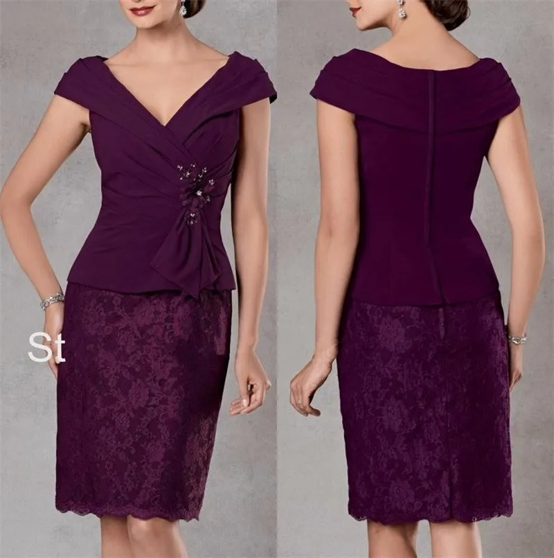 2019 Elegant Plum Mother of the Bride Dresses Sheath V-Neck Cap Sleeve Knee Length Lace Wedding Guest Outfit Plus Size Custom
2019 Elegant Plum Mother of the Bride Dresses Sheath V-Neck Cap Sleeve Knee Length Lace Wedding Guest Outfit Plus Size Custom