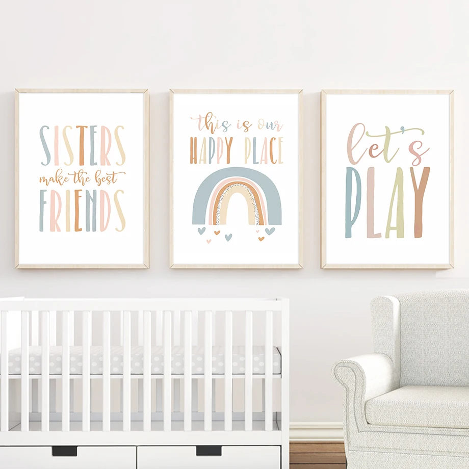 

Play Sisters Friends Quotes Cartoon Rainbow Art Canvas Painting Posters Prints Nordic Wall Pictures Kids Room Baby Girl Decor
