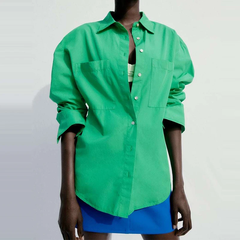 Spring 2022 Women Solid Patch Pocket Decoration Poplin Shirt Turn-down Collar Long Sleeve Blouse Female Casual Tops Blusas Mujer
Spring 2022 Women Solid Patch Pocket Decoration Poplin Shirt Turn-down Collar Long Sleeve Blouse Female Casual Tops Blusas Mujer