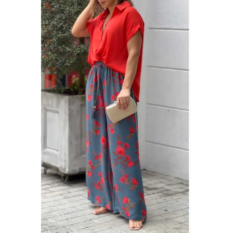 Women Two Piece Set Solid Color Short Sleeve Button Top Drawstring Print Wide Leg Pants High Streetwear 2022
Women Two Piece Set Solid Color Short Sleeve Button Top Drawstring Print Wide Leg Pants High Streetwear 2022