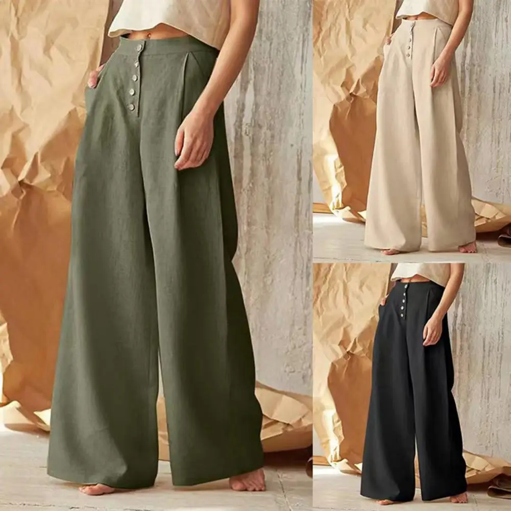 Women Summer Pants Solid Color Wide Leg Ladies Pants Loose Buttons Pockets Casual Pants High Waist Women Trousers 
Women Summer Pants Solid Color Wide Leg Ladies Pants Loose Buttons Pockets Casual Pants High Waist Women Trousers