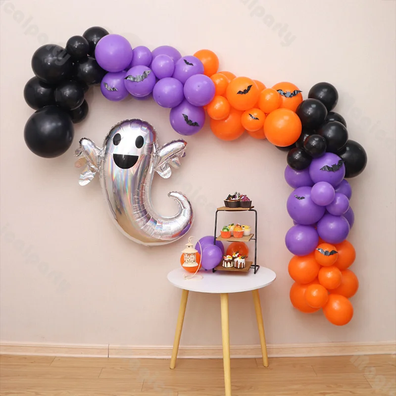 

113pcs Halloween Easter Theme Party Purple Balloons wreath Arch Ghost Balloon Bat Sticker Party Decorative Balloons