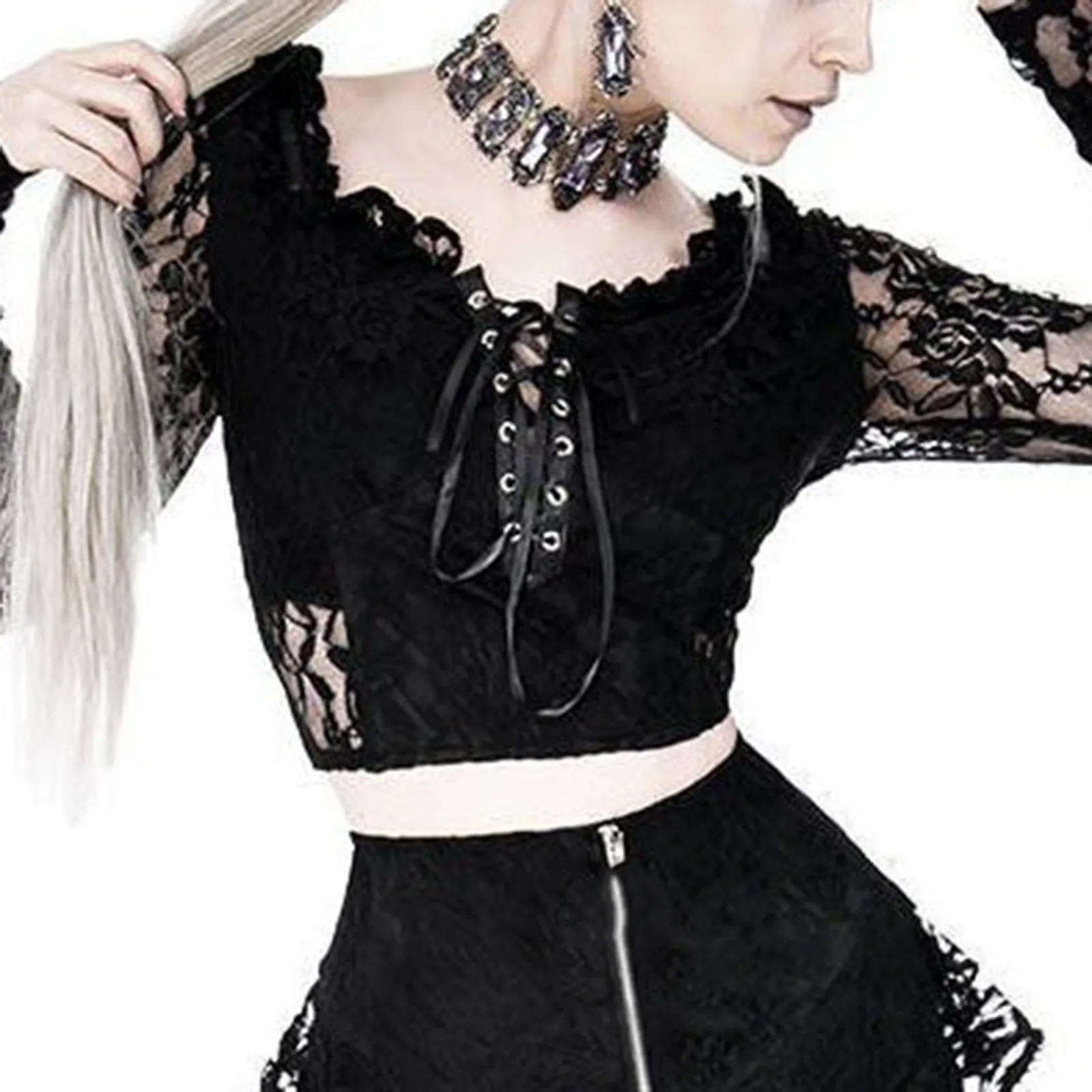 Sexy Lace Hollow-Out T-Shirts For Ladies Women Gothic Lace Trim Bondage Shirt Elegant Retro Long Sleeve Crop Top Blusas Autumn 
Sexy Lace Hollow-Out T-Shirts For Ladies Women Gothic Lace Trim Bondage Shirt Elegant Retro Long Sleeve Crop Top Blusas Autumn