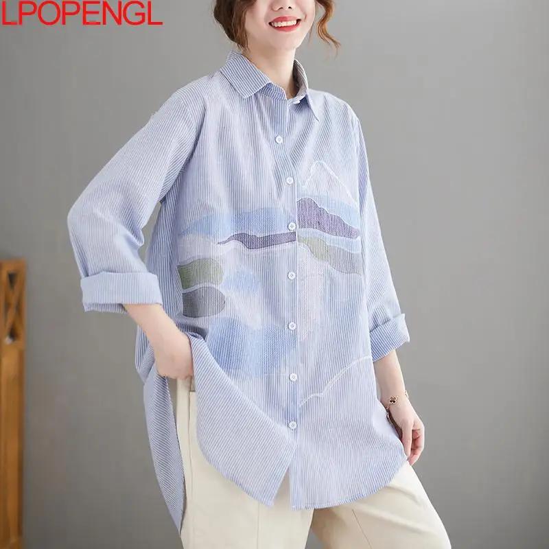 Women Embroidery Clouds Cotton Shirt Vintage Spring Long Striped Shirt Long Sleeve Casual Fashion Korean Single Breasted Blouse
Women Embroidery Clouds Cotton Shirt Vintage Spring Long Striped Shirt Long Sleeve Casual Fashion Korean Single Breasted Blouse