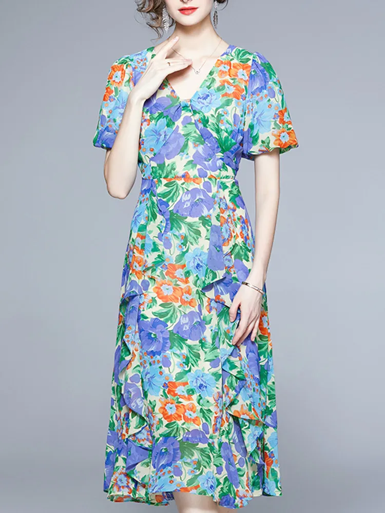High Quality V-Neck Chiffon Party Midi Dresses Women's Vintage Floral Print High Waist Ruffle Summer Vacation Beach Dress Robe
High Quality V-Neck Chiffon Party Midi Dresses Women's Vintage Floral Print High Waist Ruffle Summer Vacation Beach Dress Robe