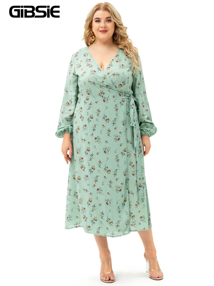 GIBSIE Plus Size Deep V Neck Floral Print Tie Side Wrap Dress 5xl 4xl Women Autumn Holiday Lantern Sleeve Boho Long Dresses
GIBSIE Plus Size Deep V Neck Floral Print Tie Side Wrap Dress 5xl 4xl Women Autumn Holiday Lantern Sleeve Boho Long Dresses