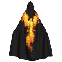 Fire Eagle On Black Background Hooded Cloak Polyester Unisex Witch Cape Costume Accessory