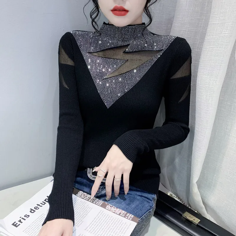 Sexy Half Turtleneck Sweater Women Pullover Autumn Winter Hot Drilling Hollow Out Lightning Slim Long Sleeve Knitted Base Shirt
Sexy Half Turtleneck Sweater Women Pullover Autumn Winter Hot Drilling Hollow Out Lightning Slim Long Sleeve Knitted Base Shirt