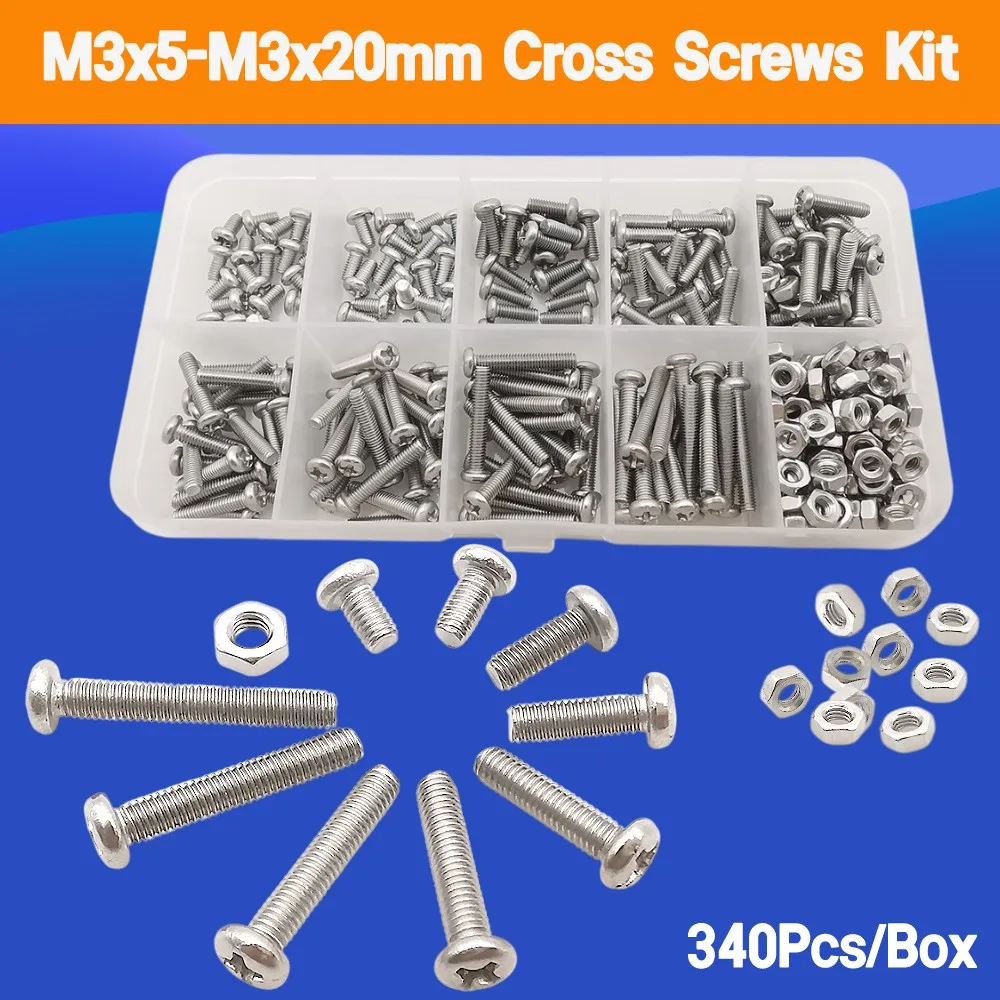 340Pcs/Box M3*5-20mm Stainless Steel Pan Head Phillips Screw Nuts Bolt Assortment Kit M3 Cross Screws for Repairs Projects DIY
340Pcs/Box M3*5-20mm Stainless Steel Pan Head Phillips Screw Nuts Bolt Assortment Kit M3 Cross Screws for Repairs Projects DIY