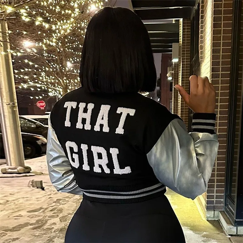 Women Black Short Jacket Y2K Silver Metallic Sleeve Fluffy Letter Patchwork Baseball Casual Wild Streetcoat Outwear Coats
Women Black Short Jacket Y2K Silver Metallic Sleeve Fluffy Letter Patchwork Baseball Casual Wild Streetcoat Outwear Coats