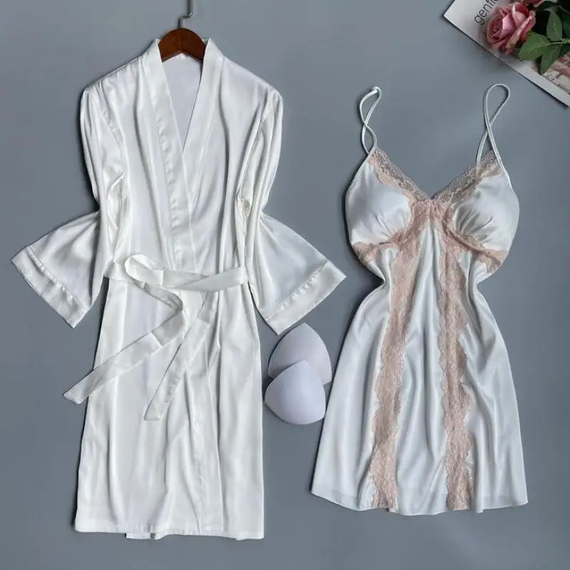 White 2PCS Kimono Robe Set Women Lace Bathrobe Gown Nightgown Satin Casual Home Dressing Gown Sexy Summer New Sleepwear
White 2PCS Kimono Robe Set Women Lace Bathrobe Gown Nightgown Satin Casual Home Dressing Gown Sexy Summer New Sleepwear