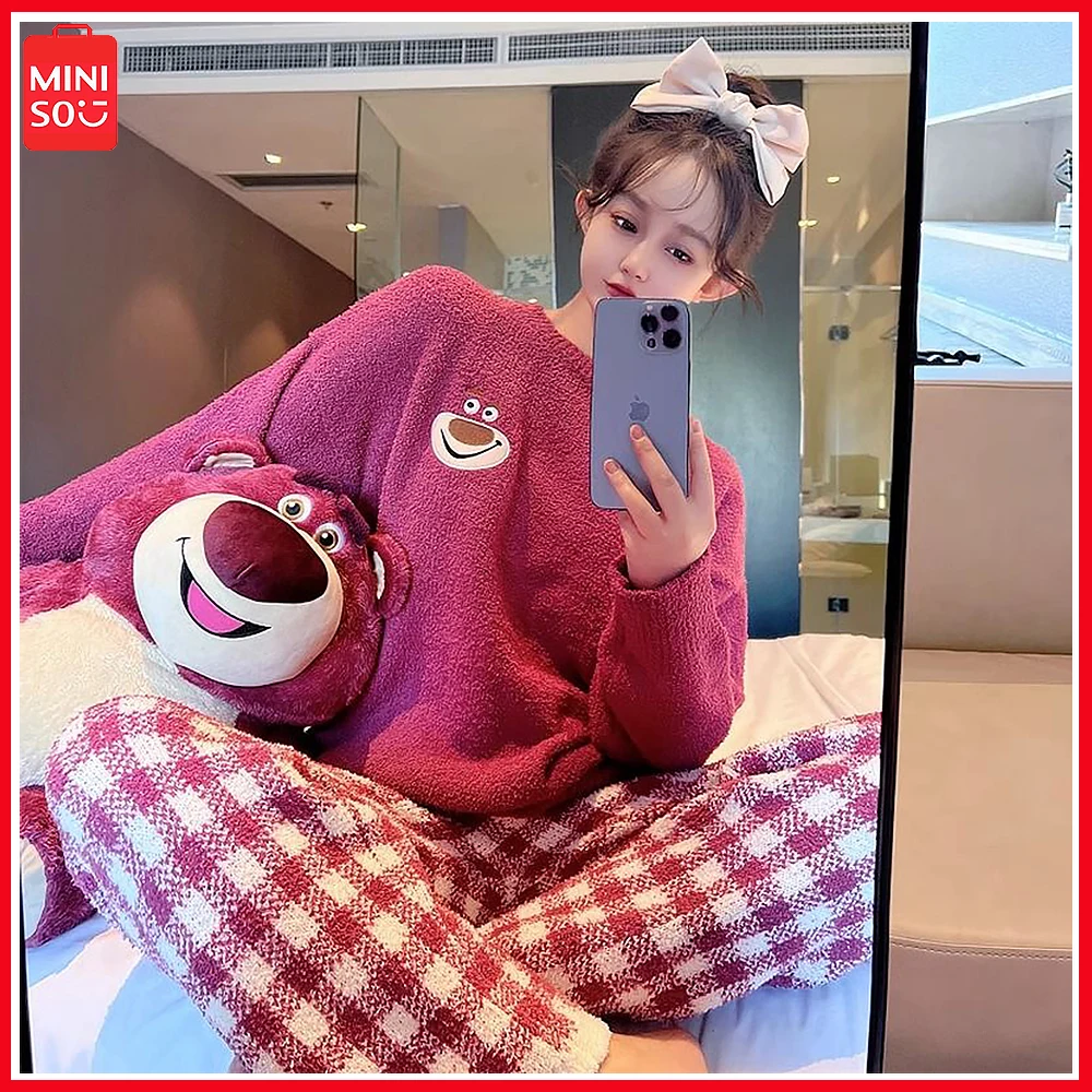 

Miniso Lotso Lovely Sweet Casual Sleepwear Women Spring Autumn Coral Velvet 2023 New Winter Thick Warm Home Dress Christmas Gift