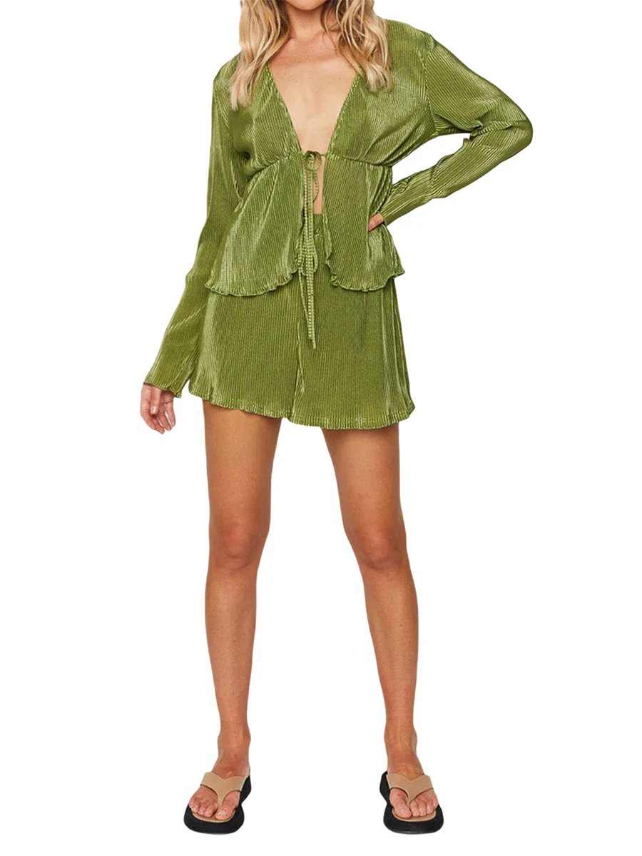 Txlixc Women Short Sets Outfits Clothes Sexy Solid Color Pleated Long Sleeve Tie-Up Cardigan Elastic Waist Shorts Set
Txlixc Women Short Sets Outfits Clothes Sexy Solid Color Pleated Long Sleeve Tie-Up Cardigan Elastic Waist Shorts Set