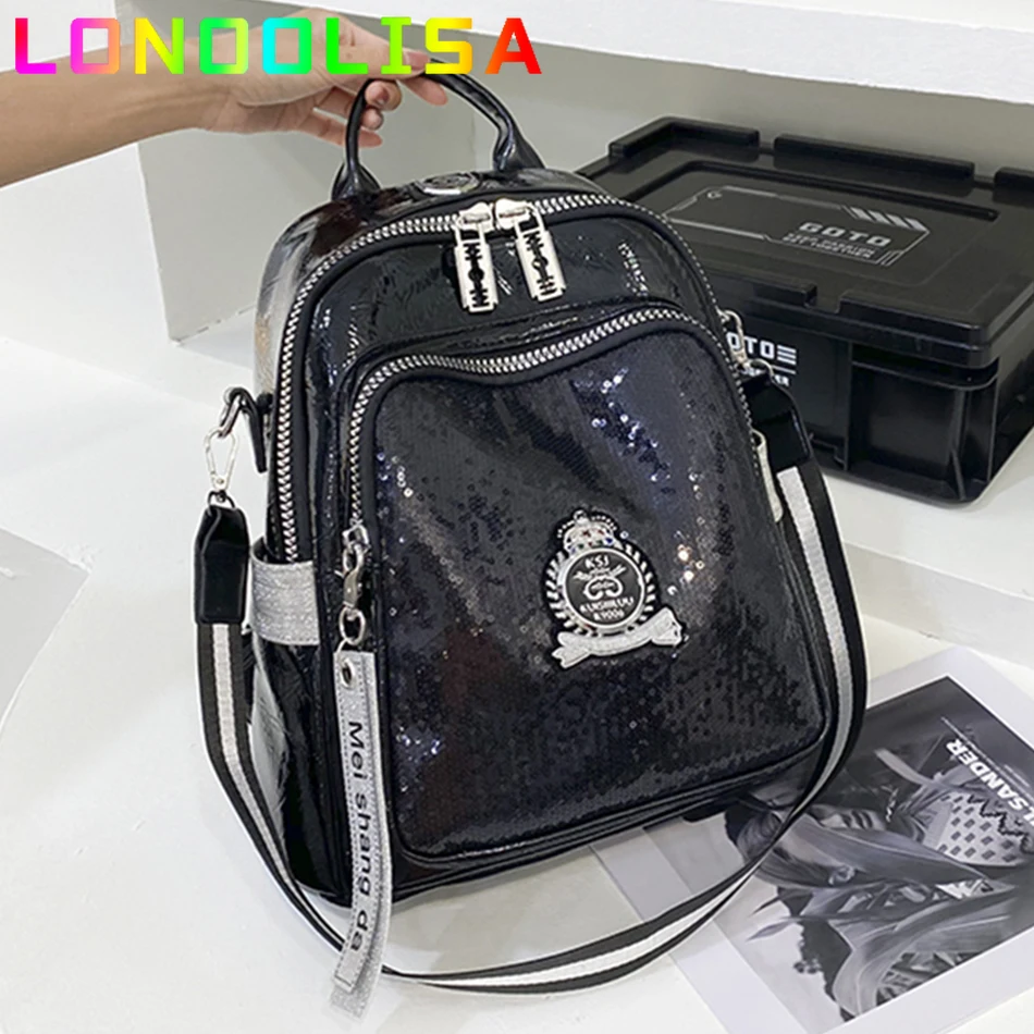 

Fashion Sequins Women's Backpack High Quality Bookbag Soft Leather School Bags for Teenagers Girls 3 In 1 Ladies Travel Bagpacks