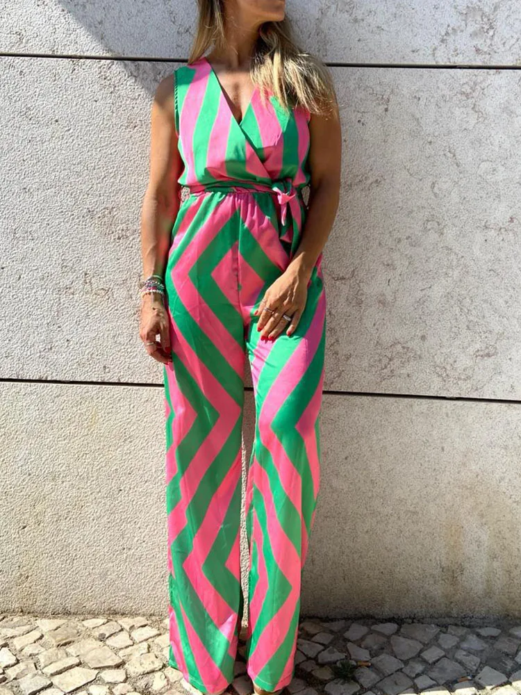 Spring Elegant Striped Print Women Jumpsuit Sexy Deep V Neck Sleeveless Tank Playsuit New Summer Tie-up Belted Straight Overalls
Spring Elegant Striped Print Women Jumpsuit Sexy Deep V Neck Sleeveless Tank Playsuit New Summer Tie-up Belted Straight Overalls