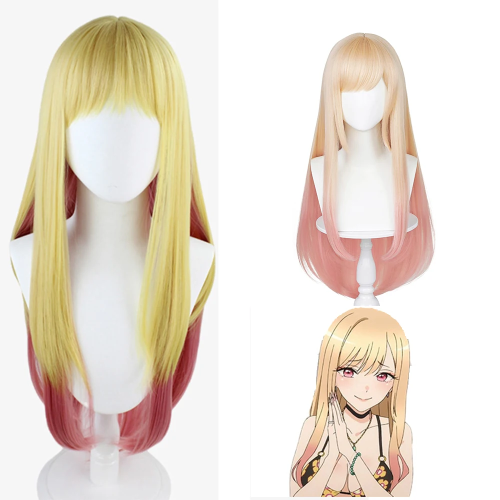 

AICKER My Dress Up Darling Synthetic Long Blonde Ombre Pink Wig Straight Hair With Bangs Kitagawa Marin Anime Lolita Theme Party