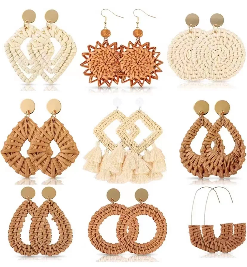 

Boho Handmade Geometric Wooden Rattan Braid Drop Earrings for Women Ethnic Bohemia Statement Earring Wholesale Jewelry
