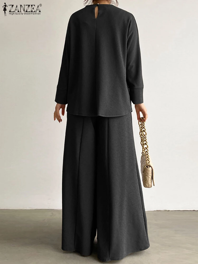

Брючный костюм ZANZEA женский с широкими штанинами, повседневный однотонный комплект из 2 предметов, винтажный Топ с длинным рукавом, спортивный костюм, праздничный осенний наряд