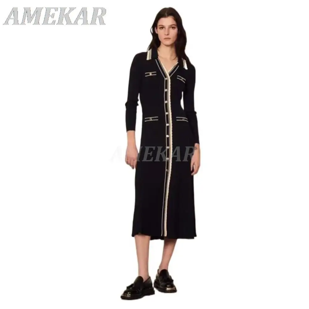 Women France High-Quality Knitting Dress Stripe Contrast V Neck Long Sleeve A Dress Lady Elegant Single-breasted Slim Long Dress
Women France High-Quality Knitting Dress Stripe Contrast V Neck Long Sleeve A Dress Lady Elegant Single-breasted Slim Long Dress