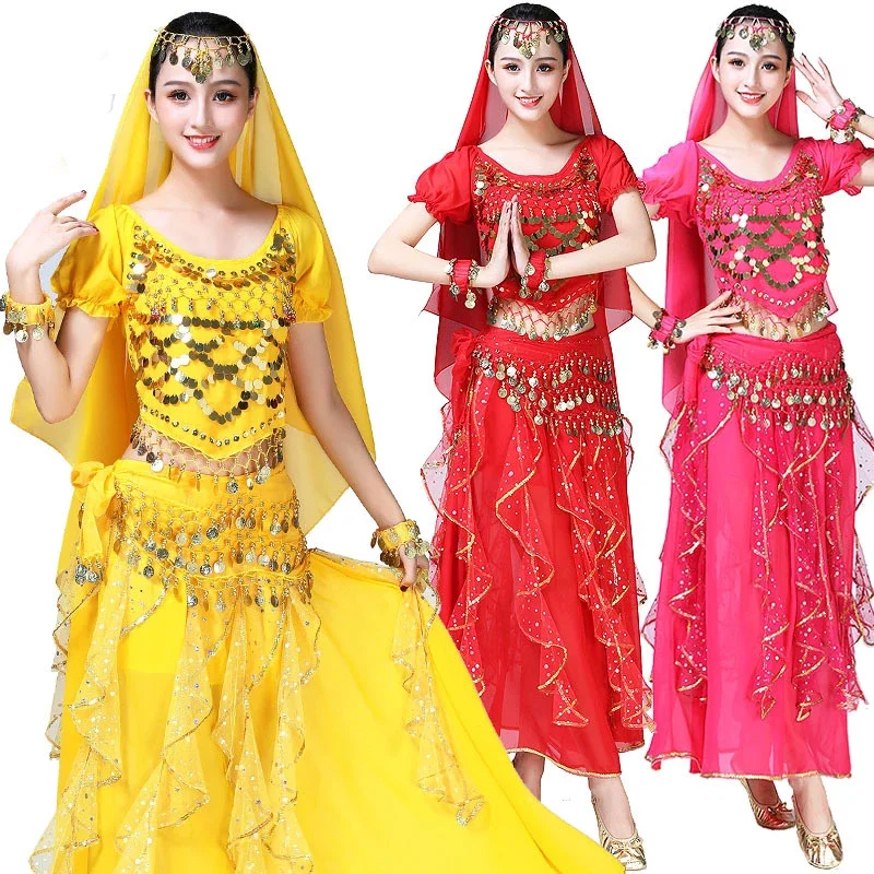 

JUSTSAIYAN, искусственное индийское танцевальное сари, костюм с юбкой для Танцев Живота, Женский шифоновый костюм из 4 предметов (головные уборы, фата, юбка с поясом