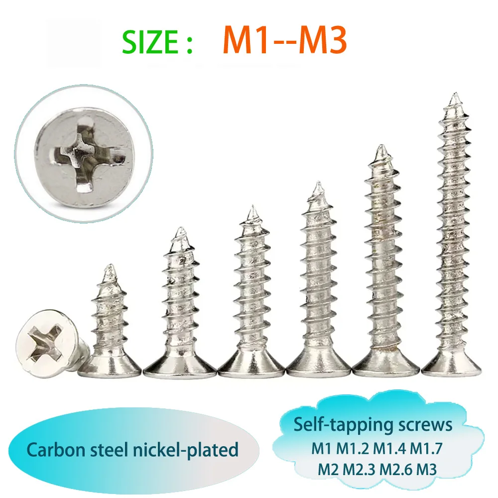 500pcs Phillips Countersunk Head Self-tapping Screws Carbon Steel Nickel-plated Small Screws M1/M1.2/M1.4/M1.7/M2/M2.3/M2.6/M3
500pcs Phillips Countersunk Head Self-tapping Screws Carbon Steel Nickel-plated Small Screws M1/M1.2/M1.4/M1.7/M2/M2.3/M2.6/M3