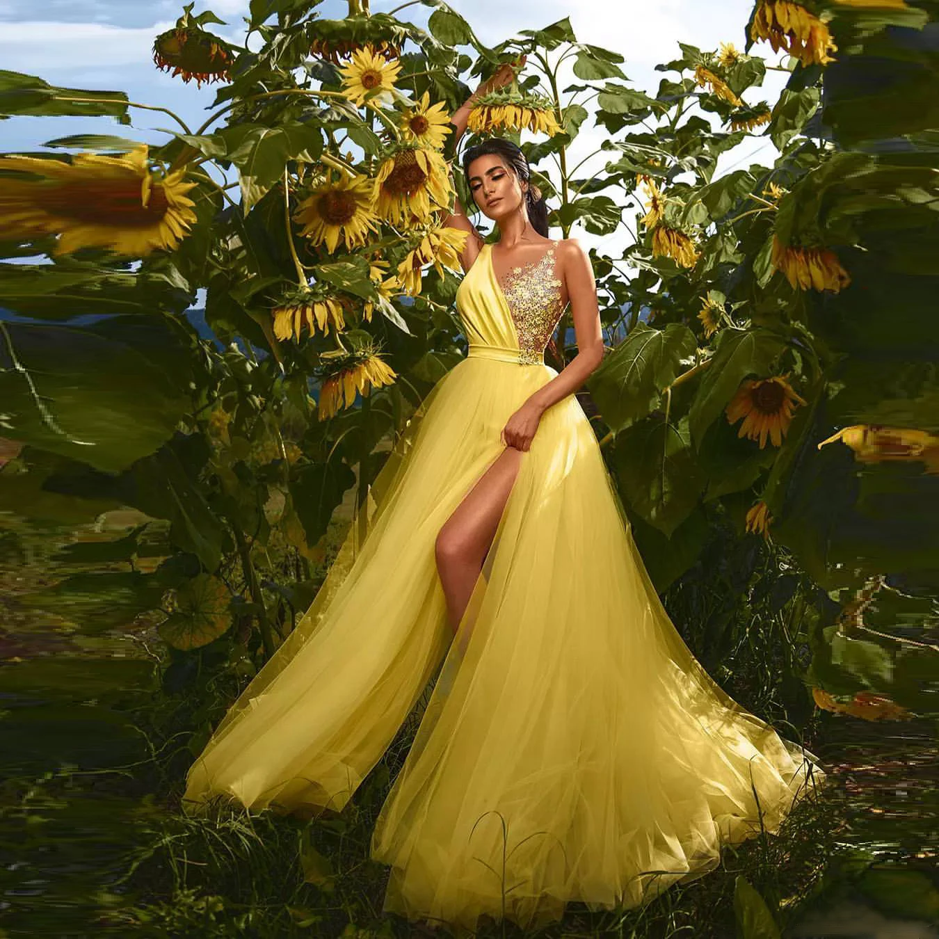 Customized yellow tulle V-neck sleeveless applique sexy split banquet party event evening dress
Customized yellow tulle V-neck sleeveless applique sexy split banquet party event evening dress